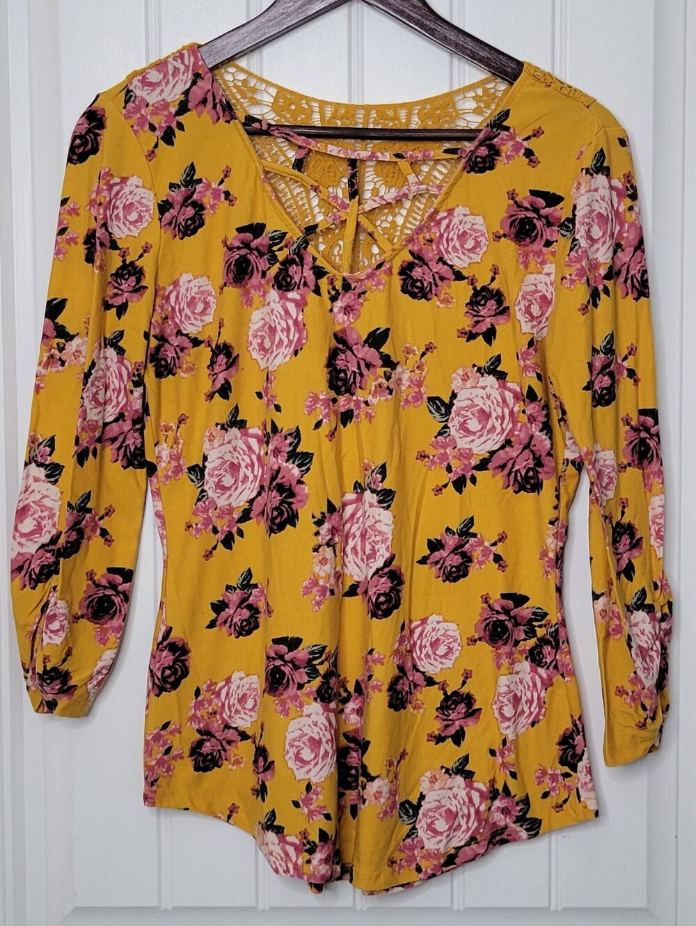 No Boundaries Mustard Yellow Floral Lace-Up Top